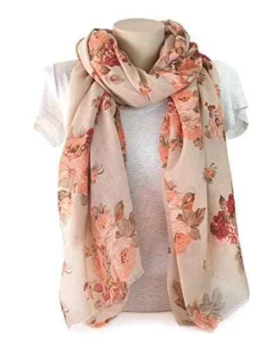 MIMOSITO Lightweight Floral Flower Scarf for Women | Elegant Fall & Winter Wrap (Beige-Peach Rose) thumbnail 4
