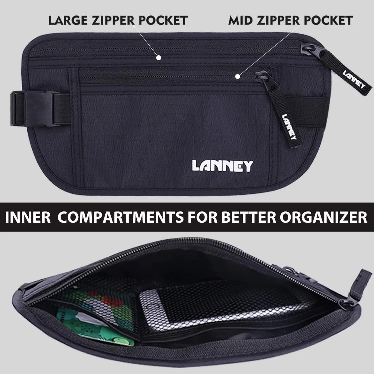 LANNEY Slim RFID Blocking Travel Money Belt with 2 RFID Sleeves | Hidden Passport Holder for Cash & Documents (Black, Unisex) - view 4