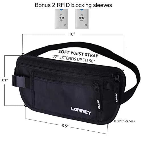 LANNEY Slim RFID Blocking Travel Money Belt with 2 RFID Sleeves | Hidden Passport Holder for Cash & Documents (Black, Unisex) thumbnail 6