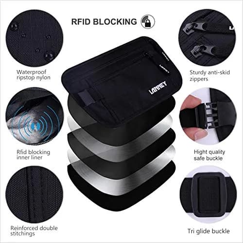 LANNEY Slim RFID Blocking Travel Money Belt with 2 RFID Sleeves | Hidden Passport Holder for Cash & Documents (Black, Unisex) thumbnail 2