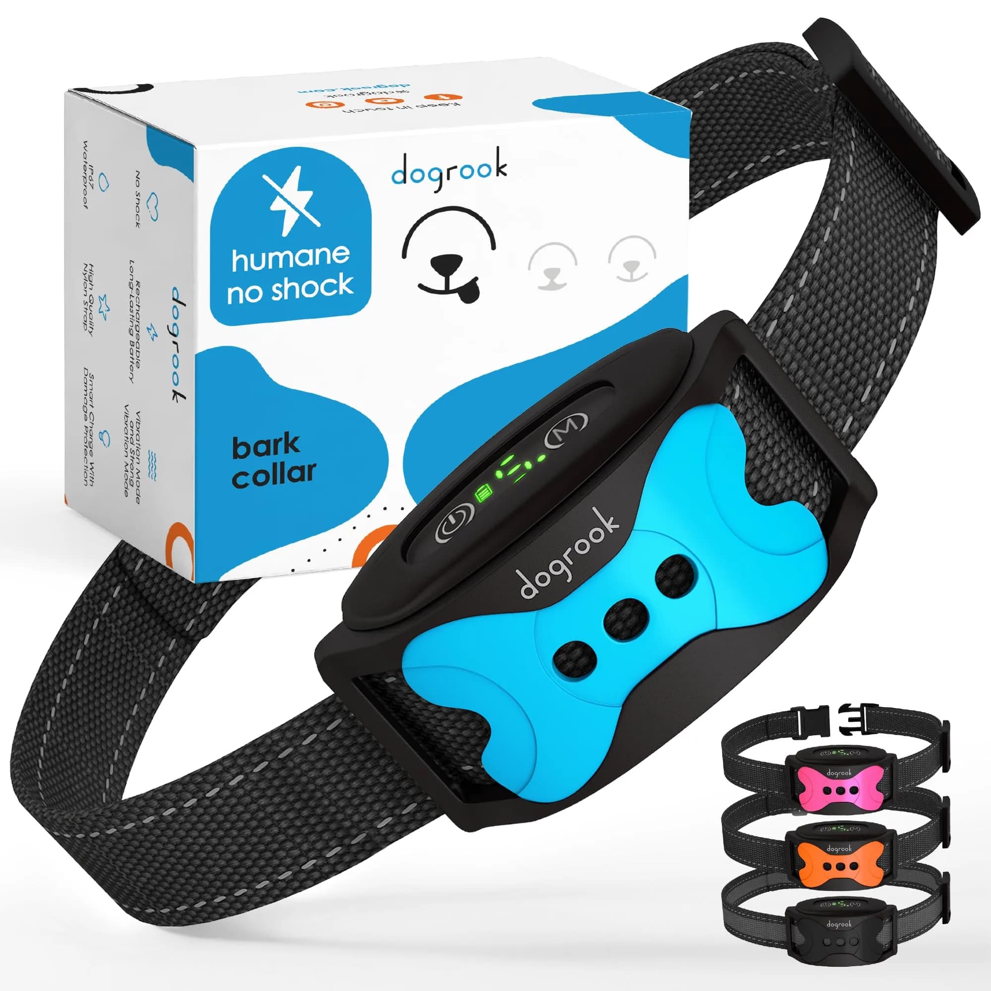 DogRook Humane Rechargeable Bark Collar for Dogs | 11-110lb, 9-22in Neck, Waterproof, Vibration & Beep - main product image
