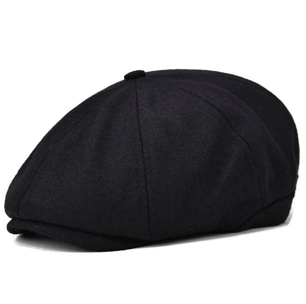 VOBOOM Men's Wool Blend 8 Panel Newsboy Cap Tweed Hat Grey | Vintage Herringbone Style — Black