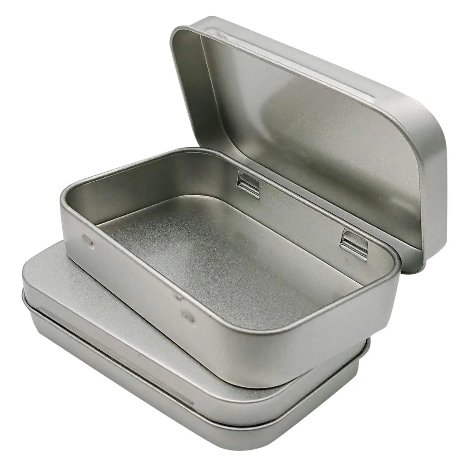 Hulless Silver 2Pcs Small Hinged Tin Box Metal Tins Storage Containers | 9.4cm x 5.8cm x 2cm (2-Pack) — Silver