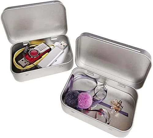Hulless Silver 2Pcs Small Hinged Tin Box Metal Tins Storage Containers | 9.4cm x 5.8cm x 2cm (2-Pack) thumbnail 6