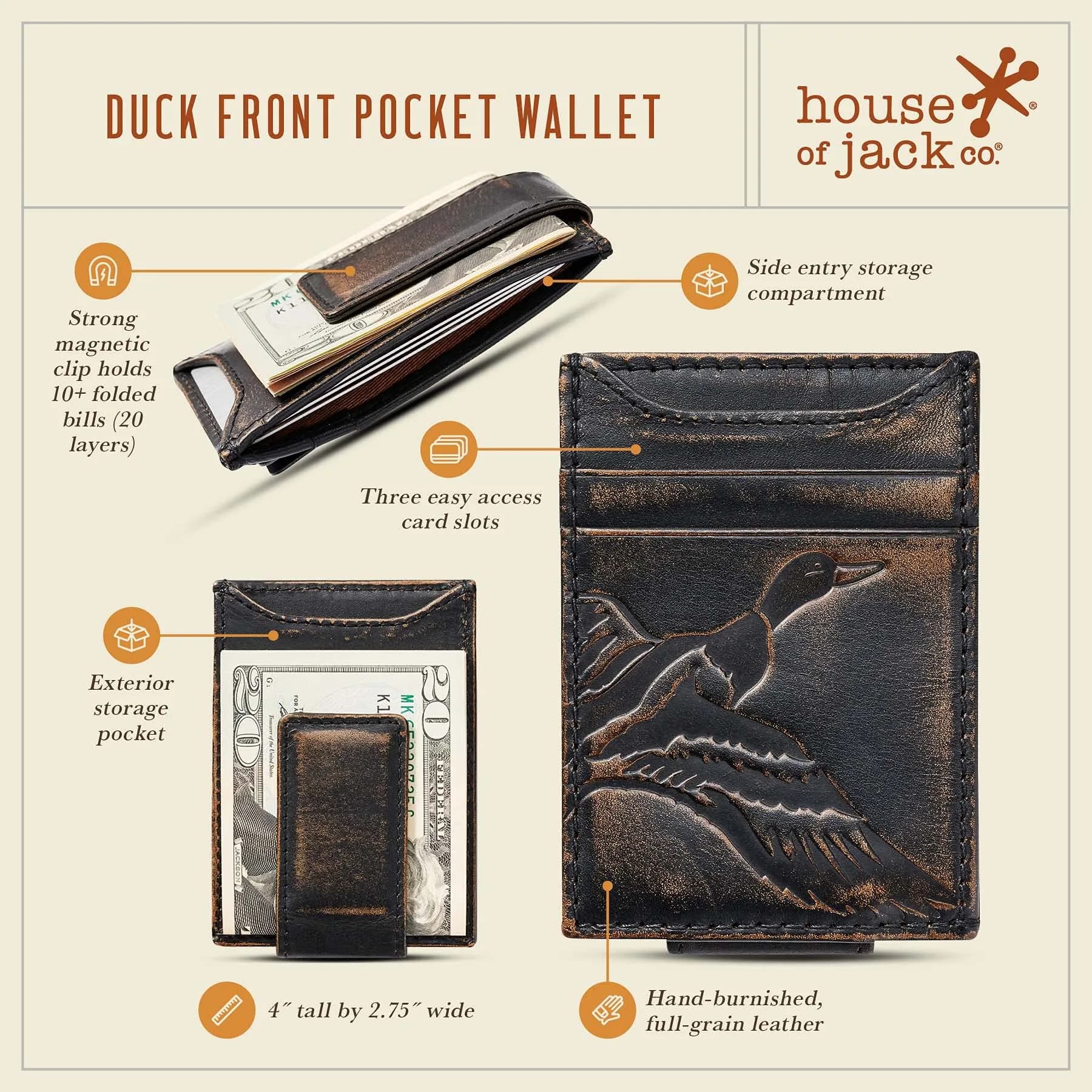 House of Jack Co. Duck Magnetic Money Clip Wallet 7.0 cm x 10.2 cm | Full Grain Leather Front Pocket Carry - view 4