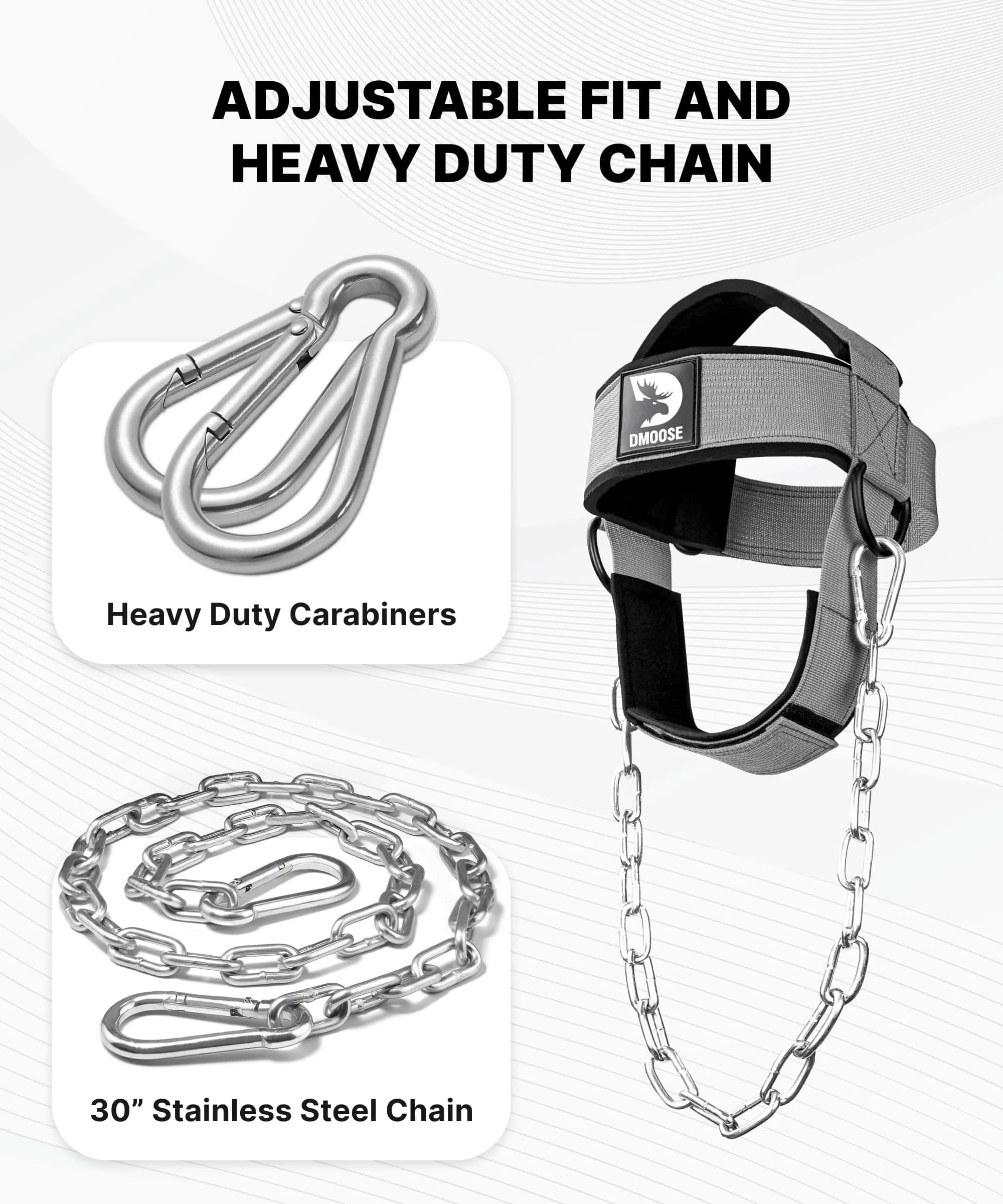 DMoose Fitness Neck Harness with 30" Steel Chain | Neck Exerciser, Trainer & Strengthener for Weight Lifting (Grey, 1.14 lb) - view 3