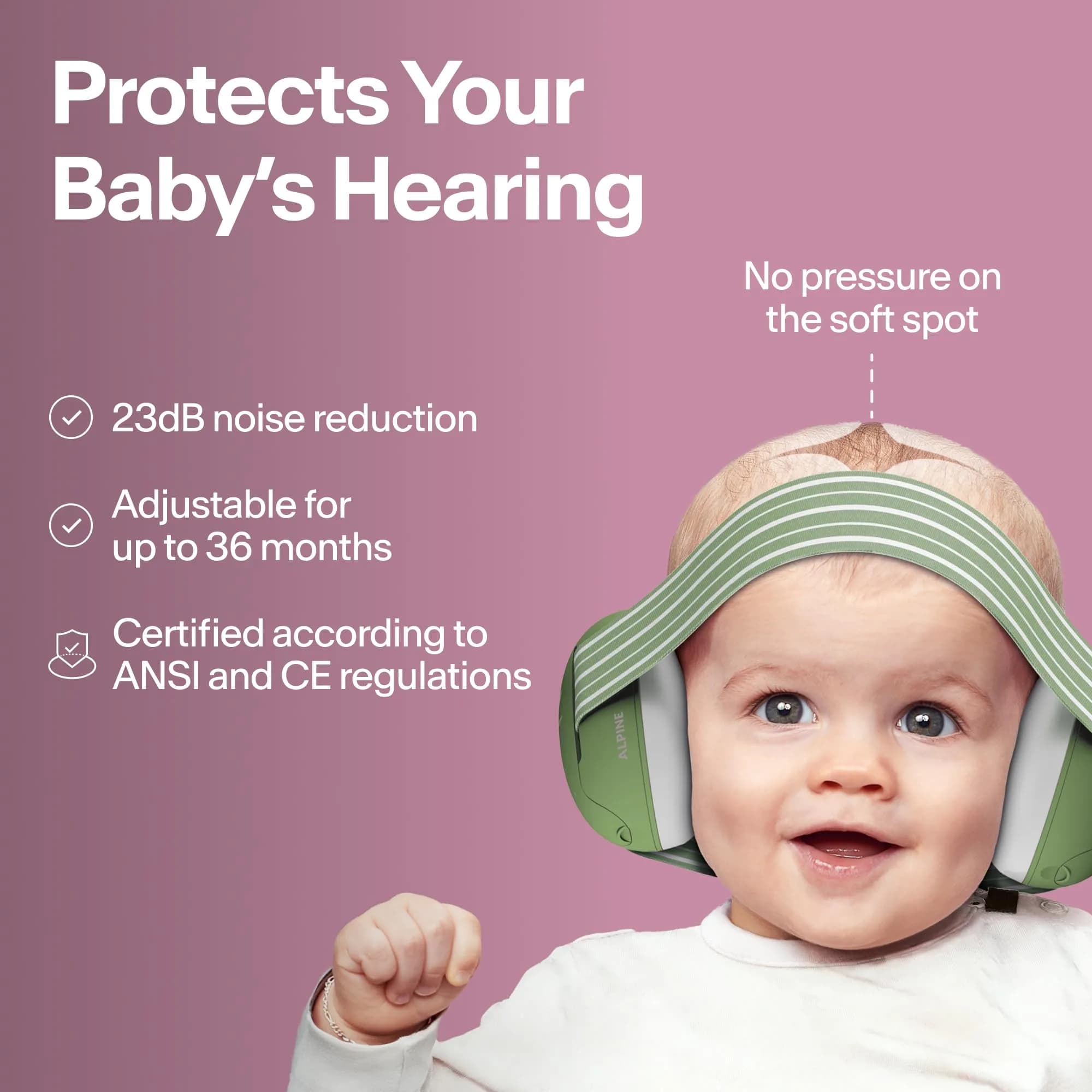 Alpine Muffy Baby Pink Earmuffs for Babies & Toddlers up to 36 Months | CE & ANSI Certified Noise Reduction - view 2