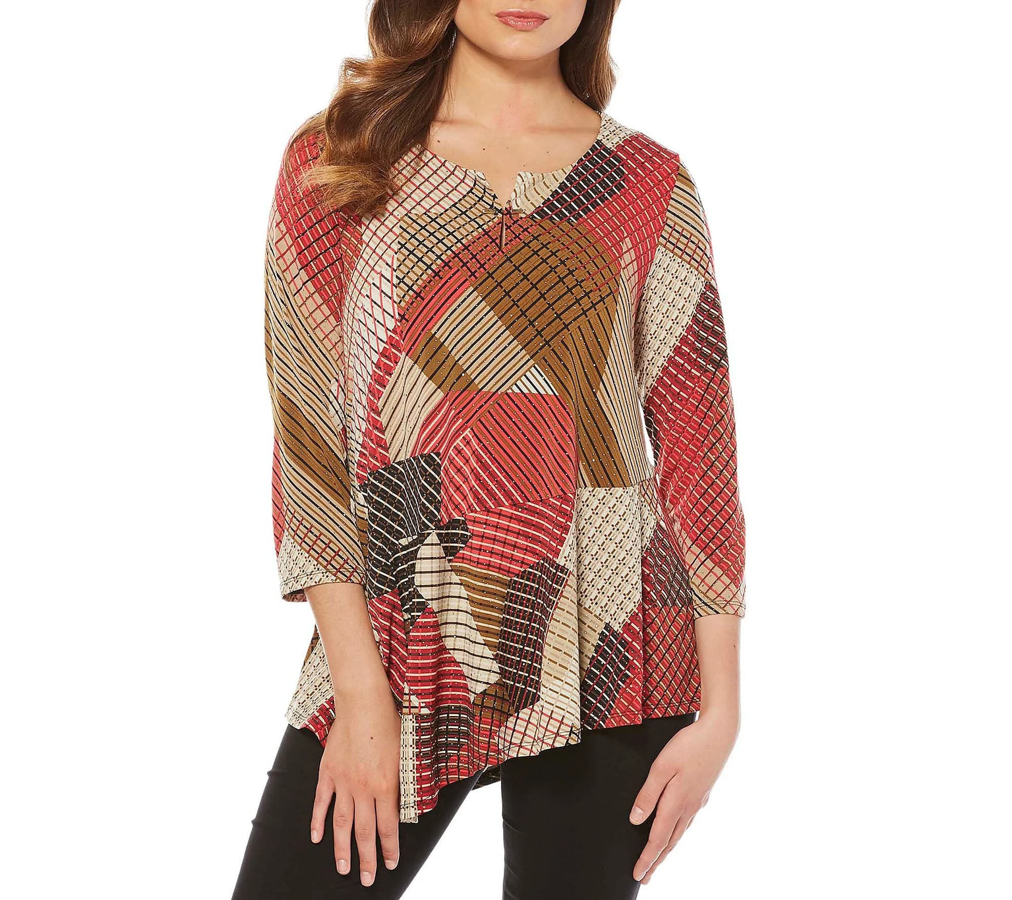 Rafaella Missy Striped Asymmetrical Tunic in Spanish Red | Comfortable Jersey Fabric with Stylish Hem