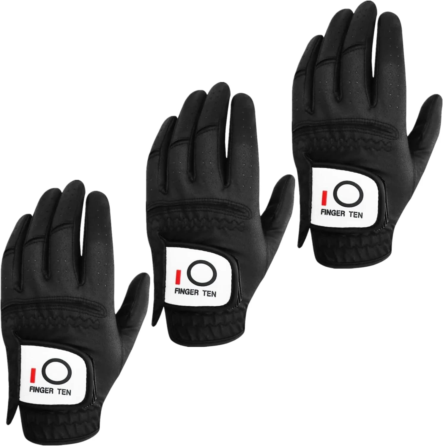 FINGER TEN All Weather Grip Golf Gloves Men 3 Pack (Black, Medium, Left) | Wet & Dry Performance