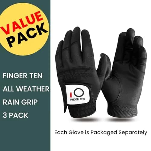 FINGER TEN All Weather Grip Golf Gloves Men 3 Pack (Black, Medium, Left) | Wet & Dry Performance thumbnail 2
