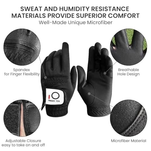 FINGER TEN All Weather Grip Golf Gloves Men 3 Pack (Black, Medium, Left) | Wet & Dry Performance thumbnail 3