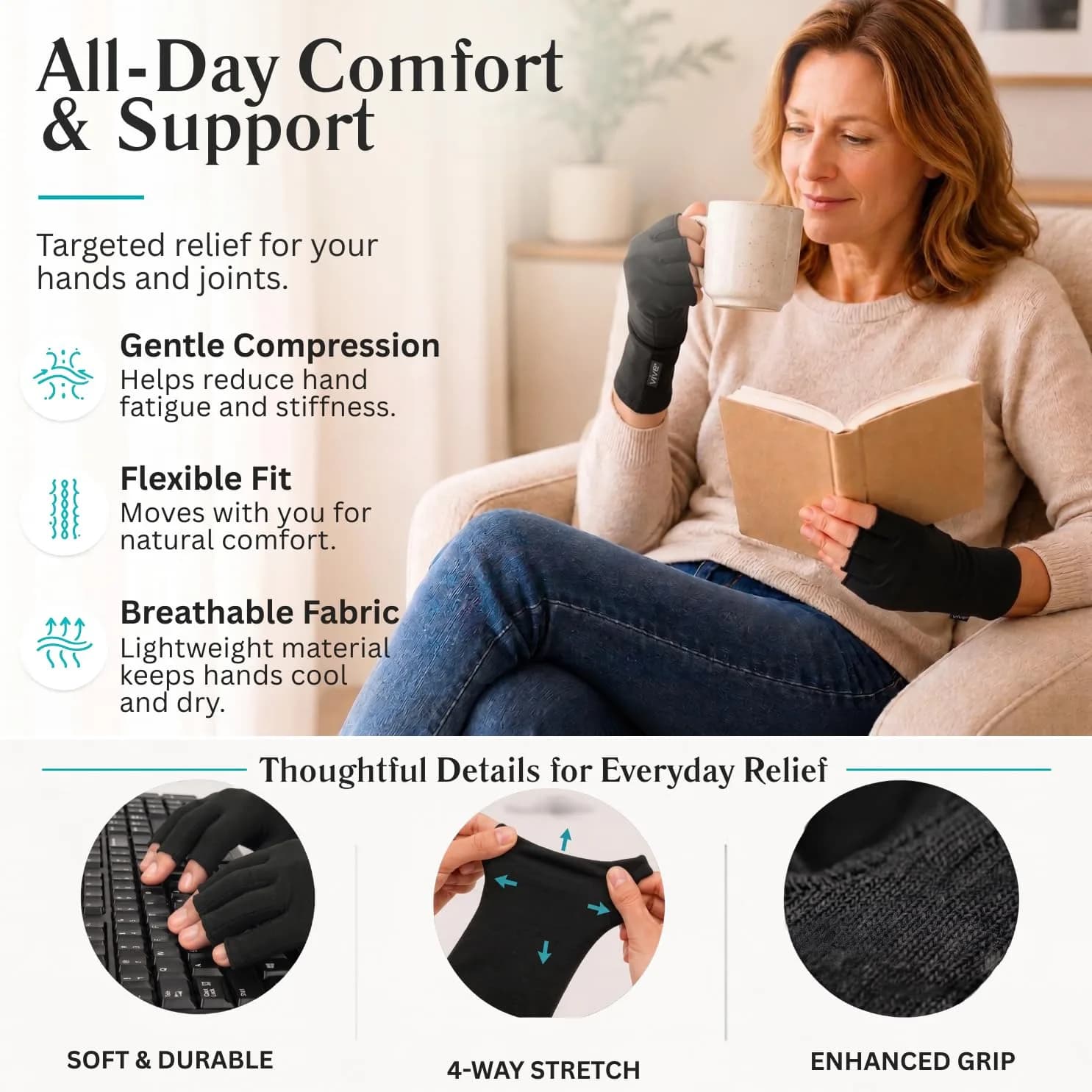 Vive Arthritis Gloves for Men & Women - Medium Black | Soothing Compression Therapy for Joint Pain Relief - view 7