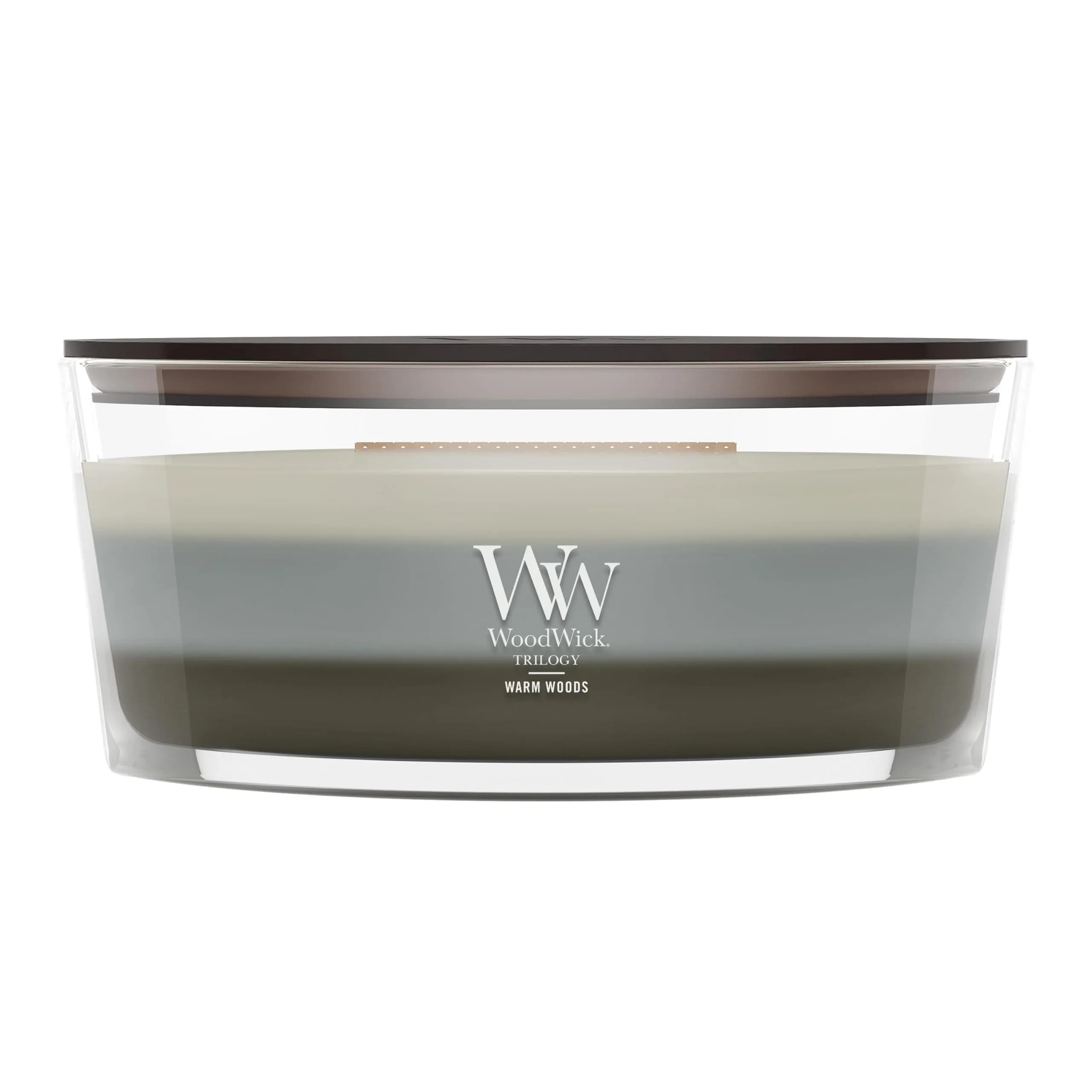 WoodWick Warm Woods Trilogy Tri-Scented Candle, Crackling Wick, 16oz | Multi-Scents with Crackle & Large Wax Pool — Warm Woods / 16oz