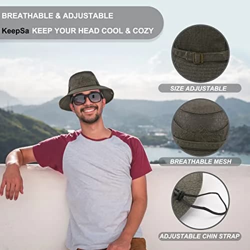 KeepSa Cotton Sun Hat Men Wide Brim Bucket Safari Army Green | Breathable, Foldable & UV Sun Protection thumbnail 2
