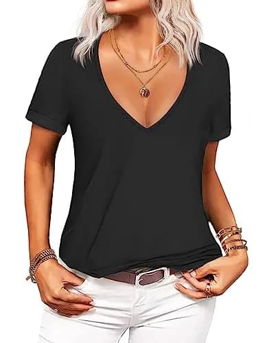 Beyove Women Solid Deep V Neck Summer Tops 2XL | Casual Loose Fit Short Sleeve thumbnail 1
