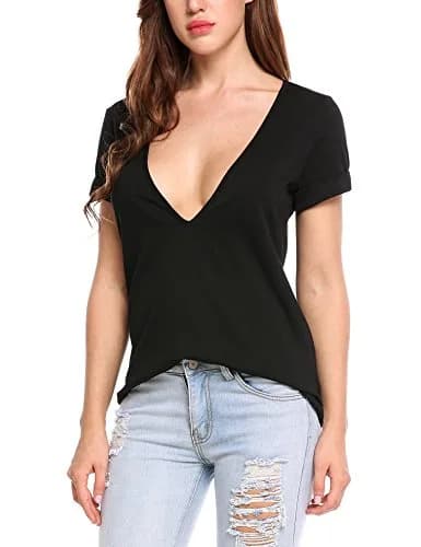 Beyove Women Solid Deep V Neck Summer Tops 2XL | Casual Loose Fit Short Sleeve thumbnail 2