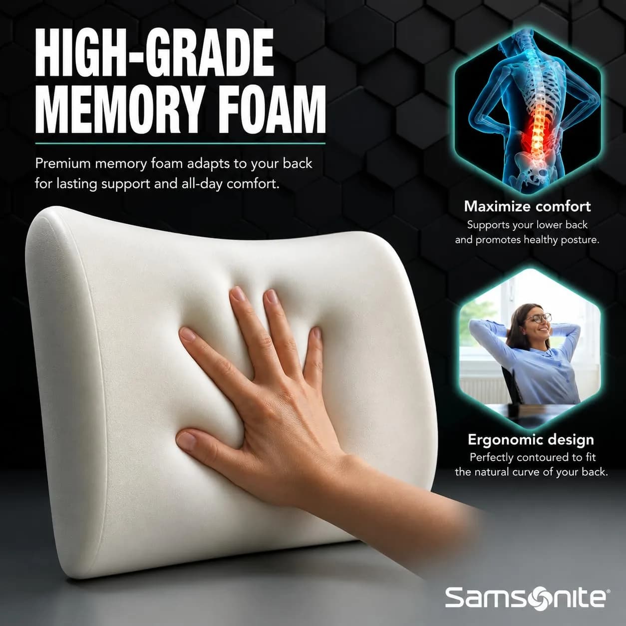 Samsonite Lumbar Support Pillow for Office Chair, Lower Back Support for Car, Back Pillow Desk Chair Cushion with Memory Foam, Improved Posture Backrest (Black Mesh) - view 5