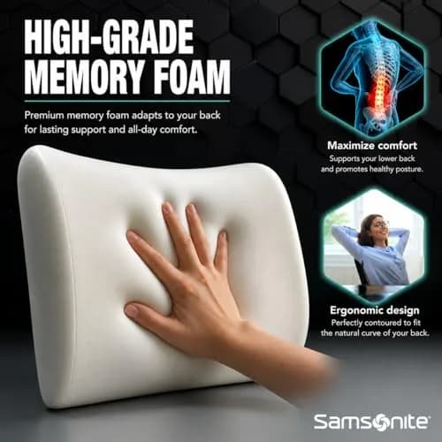 Samsonite Lumbar Support Pillow for Office Chair, Lower Back Support for Car, Back Pillow Desk Chair Cushion with Memory Foam, Improved Posture Backrest (Black Mesh) thumbnail 5