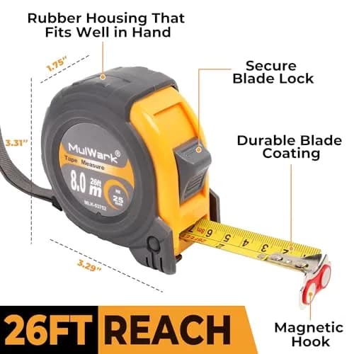 MULWARK 7.9m (26ft) Retractable Tape Measure with Magnetic Hook & Shockproof Case | Dual Scale for Construction & Woodworking thumbnail 2