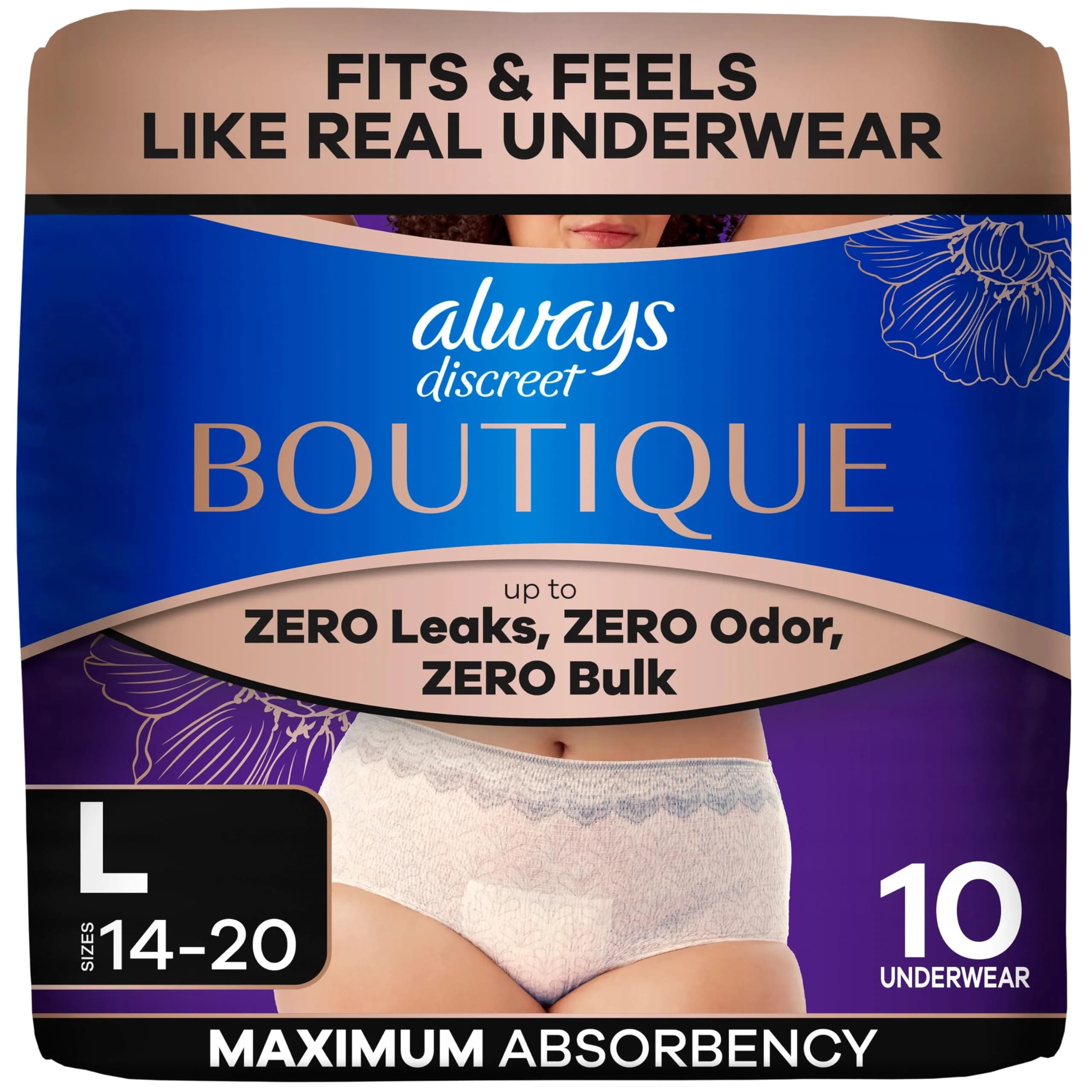 Always Discreet Boutique Incontinence & Postpartum Underwear Large Rosy | Soft, Thin, Leak-Proof Fit