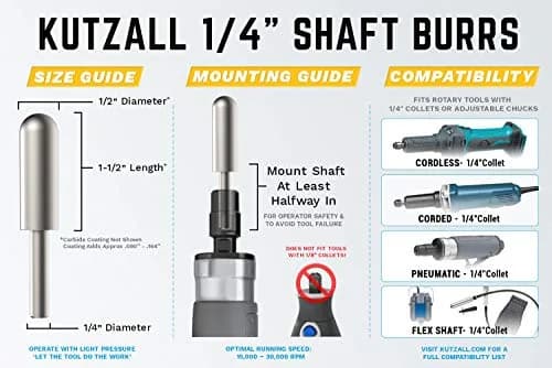 Kutzall Extreme Ball Nose Burr 1/4" Shank, 3/8" Dia. (9.5mm) x 1-1/2" (38.1mm) Length | Very Coarse Tungsten Carbide Wood Carving Bit thumbnail 3