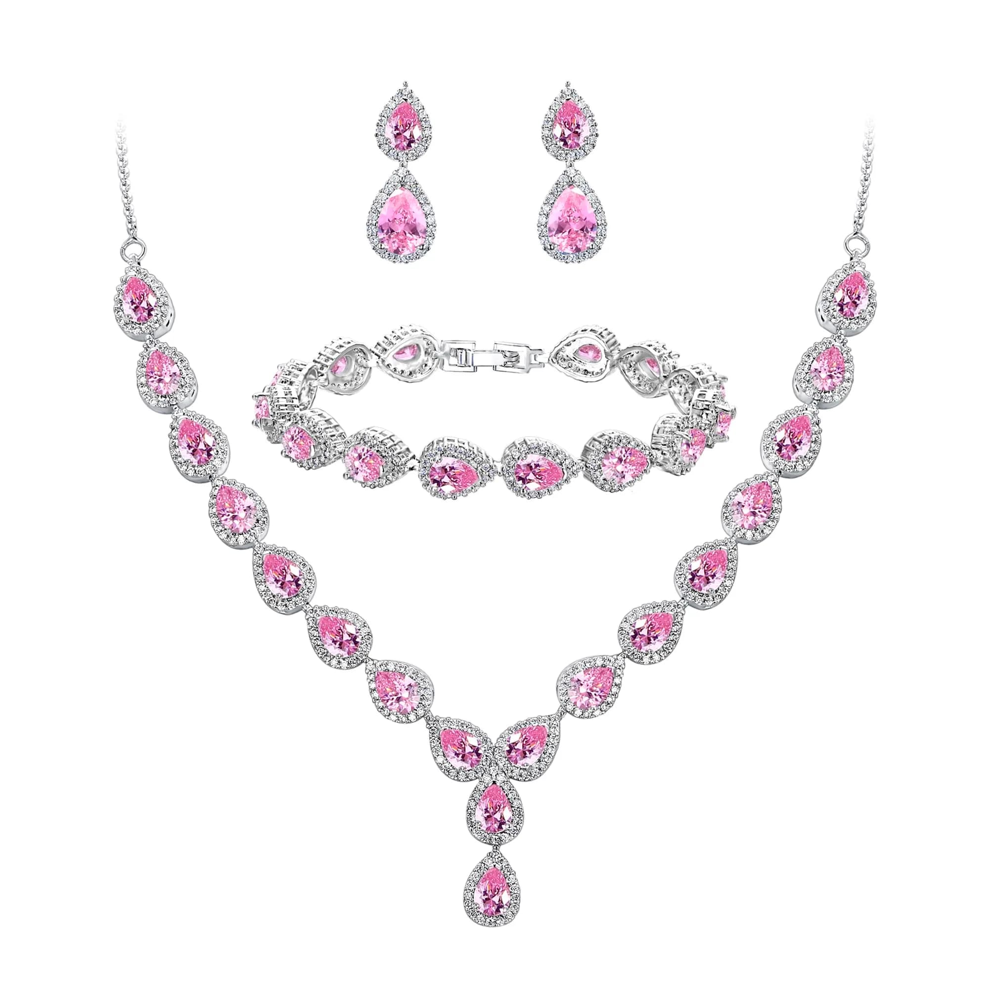 BriLove Wedding CZ Necklace Bracelet Earrings Jewelry for Women Sapphire | Elegant Bridal Jewelry Set — Pink Tourmaline Color