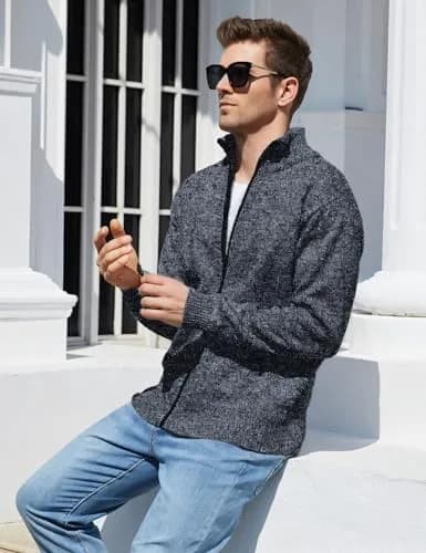 Yeokou Men's Slim Fit Zip Up Casual Knitted Cardigan Sweater with Pockets (Medium, Dark Grey) | Soft Cashmere Blend, Casual & Warm thumbnail 5