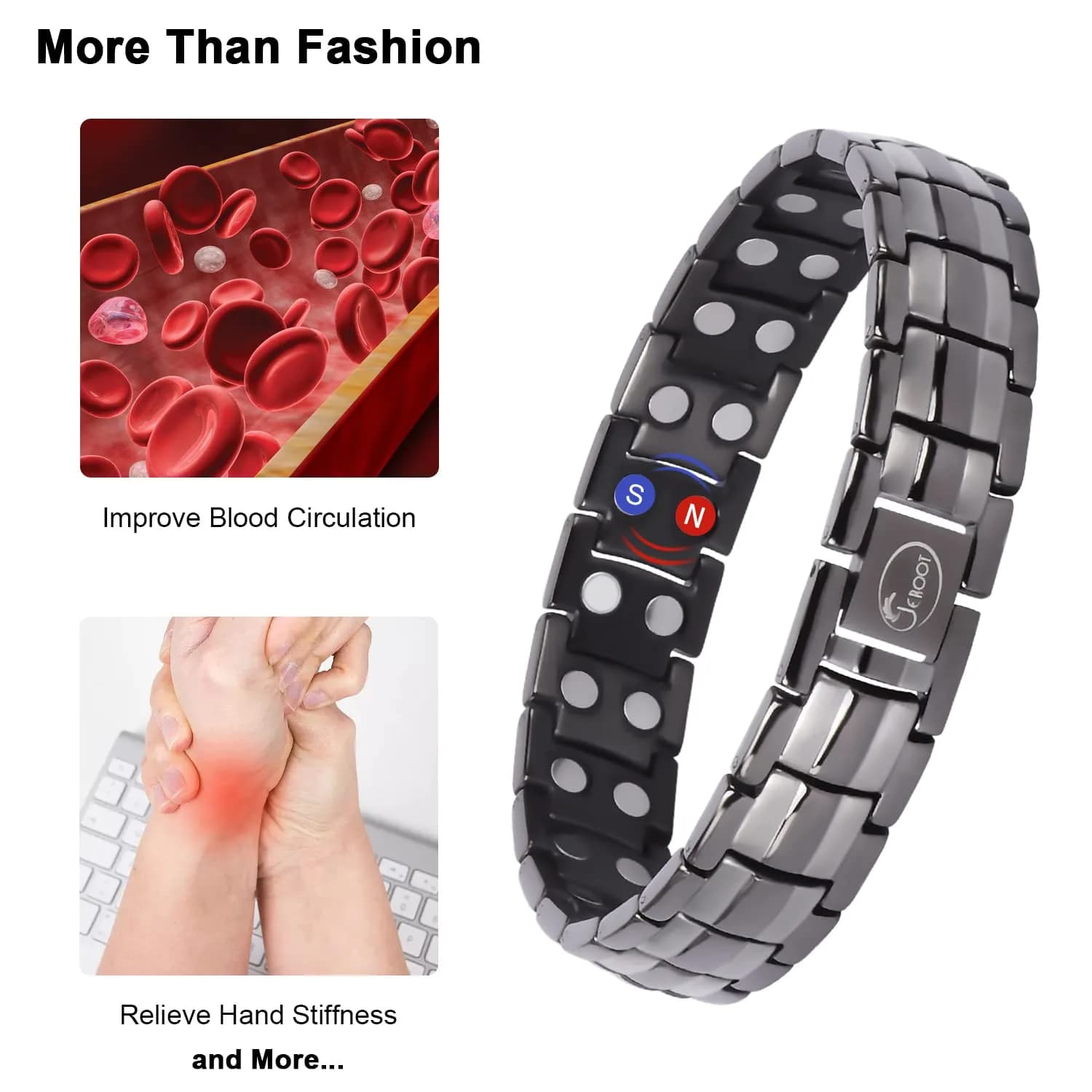 JEROOT Magnetic Bracelet for Men, Pure Titanium Double Row 3500 Gauss Magnets | 22cm (8.6 inches) Adjustable - view 3