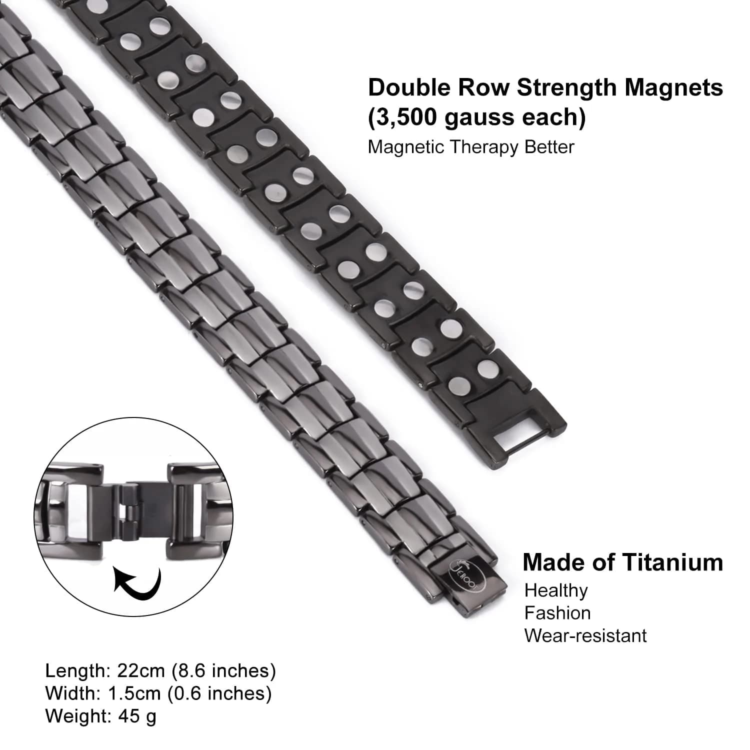 JEROOT Magnetic Bracelet for Men, Pure Titanium Double Row 3500 Gauss Magnets | 22cm (8.6 inches) Adjustable - view 4