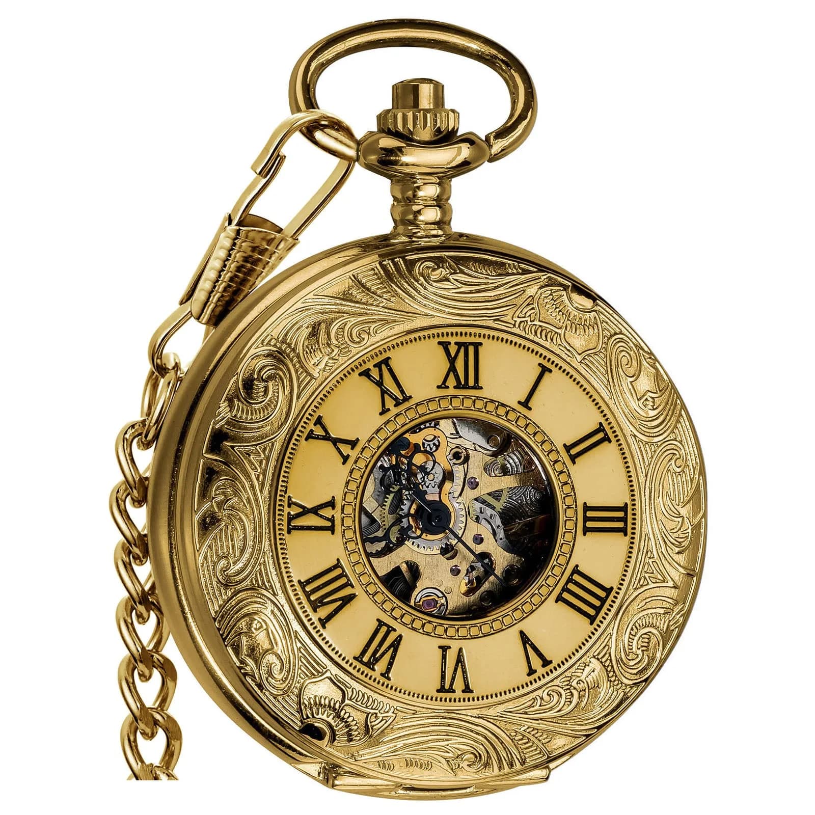 VIGOROSO Mechanical Pocket Watch for Men Gold with Chain | Vintage Skeleton Dial, 4.6cm Diameter, Hand Wind, Classic Style
