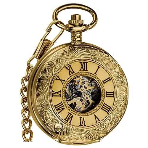 VIGOROSO Mechanical Pocket Watch for Men Gold with Chain | Vintage Skeleton Dial, 4.6cm Diameter, Hand Wind, Classic Style thumbnail 1