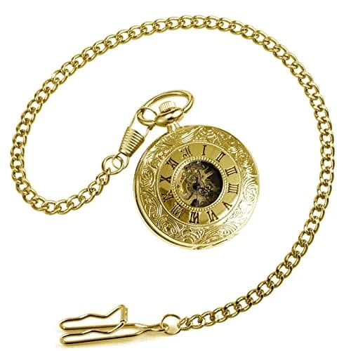 VIGOROSO Mechanical Pocket Watch for Men Gold with Chain | Vintage Skeleton Dial, 4.6cm Diameter, Hand Wind, Classic Style thumbnail 6