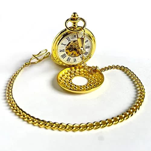 VIGOROSO Mechanical Pocket Watch for Men Gold with Chain | Vintage Skeleton Dial, 4.6cm Diameter, Hand Wind, Classic Style thumbnail 8