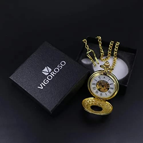 VIGOROSO Mechanical Pocket Watch for Men Gold with Chain | Vintage Skeleton Dial, 4.6cm Diameter, Hand Wind, Classic Style thumbnail 9