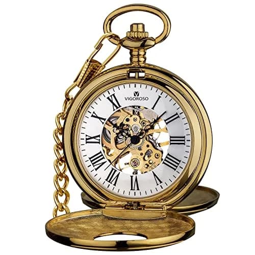 VIGOROSO Mechanical Pocket Watch for Men Gold with Chain | Vintage Skeleton Dial, 4.6cm Diameter, Hand Wind, Classic Style thumbnail 2