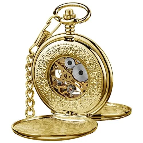 VIGOROSO Mechanical Pocket Watch for Men Gold with Chain | Vintage Skeleton Dial, 4.6cm Diameter, Hand Wind, Classic Style thumbnail 3