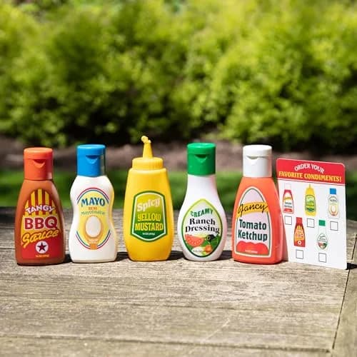 Melissa & Doug Favorite Condiments Play Kitchen Food Toys | 5 Containers with Squirting Action, Ages 3-6 thumbnail 9