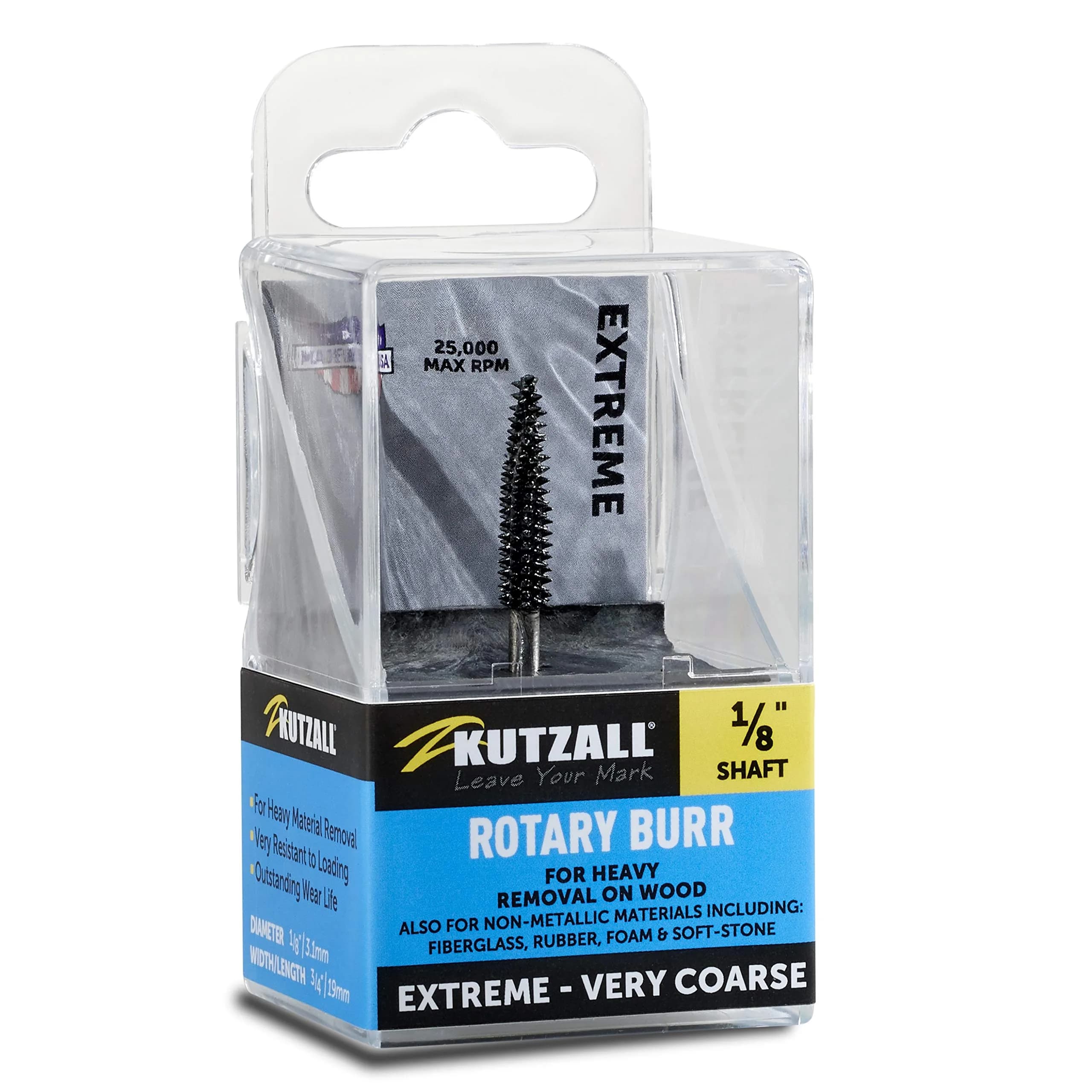 Kutzall Extreme Taper Rotary Burr 1⁄8" Shaft Very Coarse | Wood Carving Bit for Dremel, Foredom, DeWalt, Milwaukee — gray