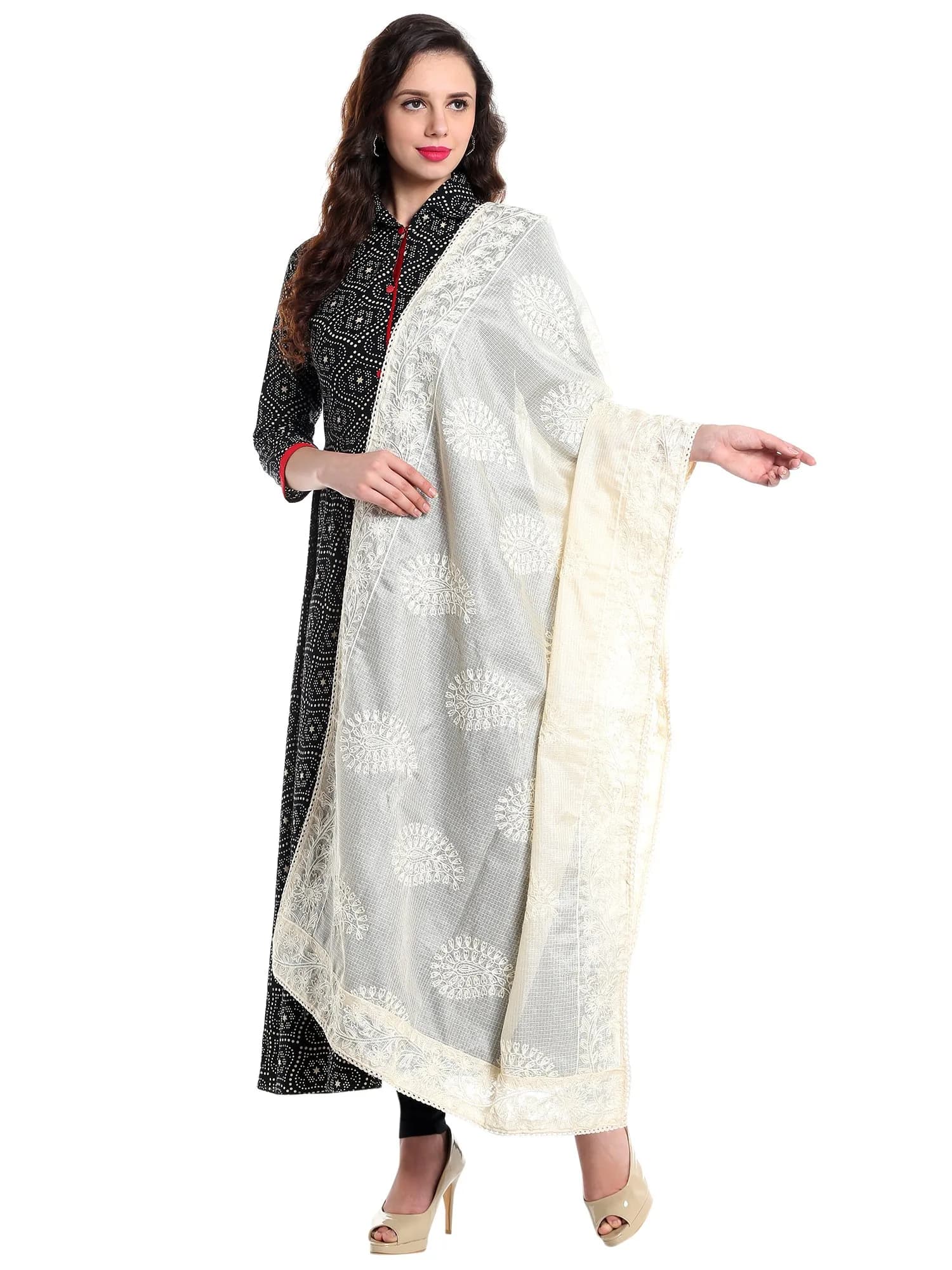 DUPATTA BAZAAR Women's Embroidered Ivory Cotton Kota Doria Dupatta | Handloom Weave — Ivory