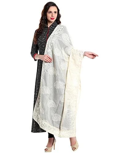 DUPATTA BAZAAR Women's Embroidered Ivory Cotton Kota Doria Dupatta | Handloom Weave thumbnail 1