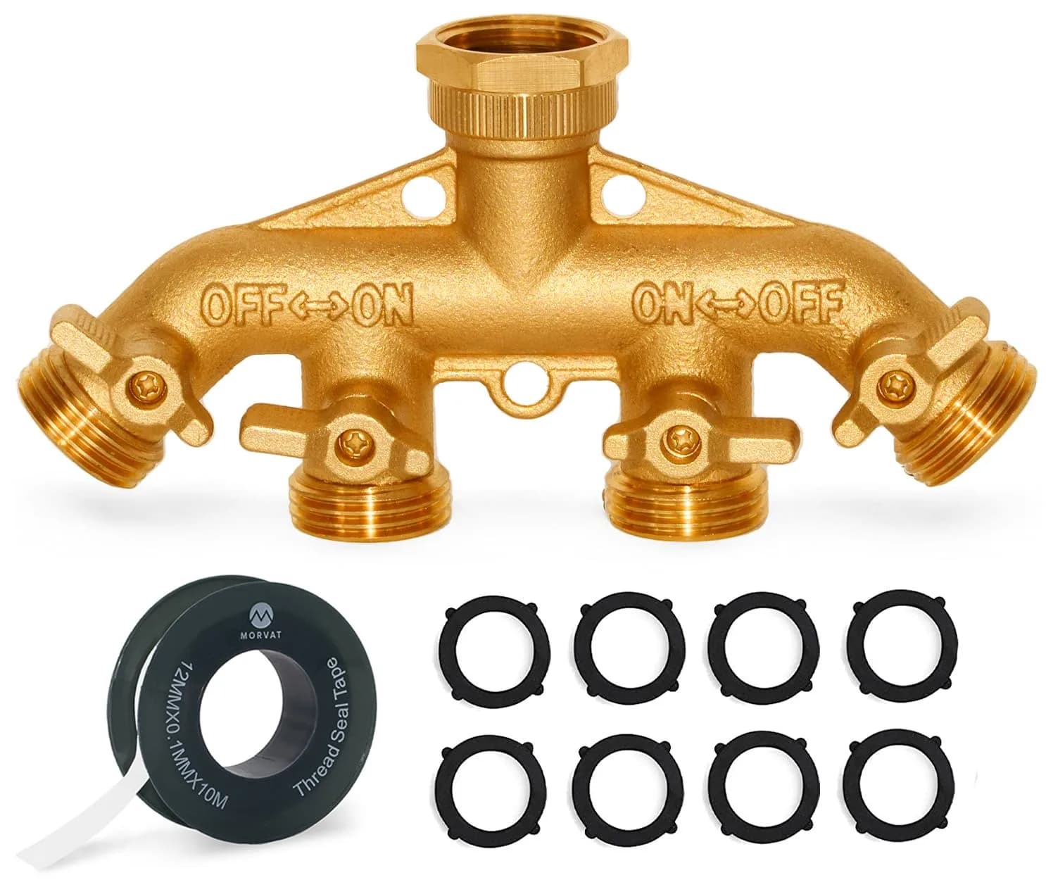 Morvat Brass 4-Way Splitter | Heavy-Duty Garden Hose Manifold with Leakproof Brass Construction - main product image