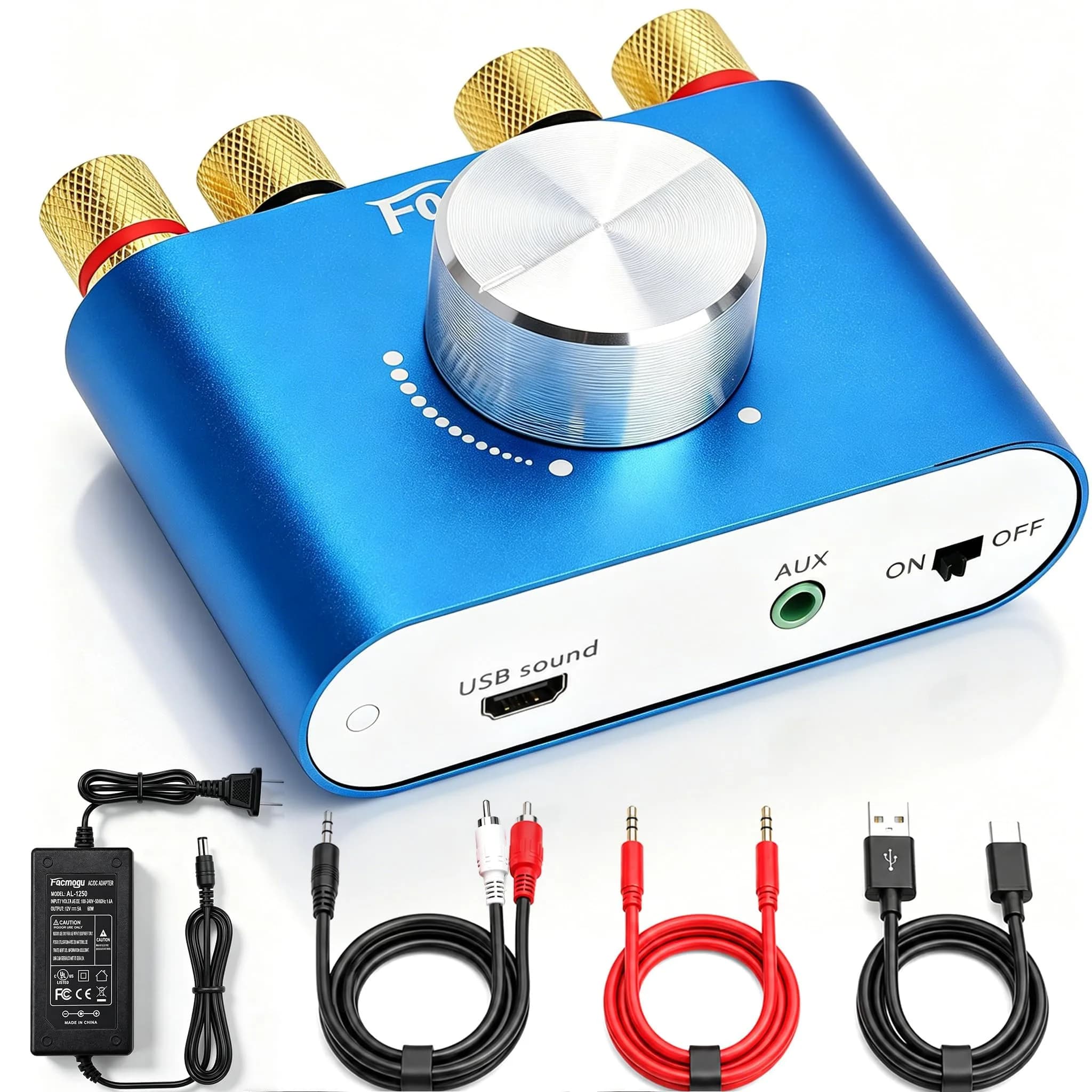 Facmogu F900S Mini Bluetooth 5.0 Power Amplifier 50Wx2 | Compact Stereo Amp for Home & Desk — Blue