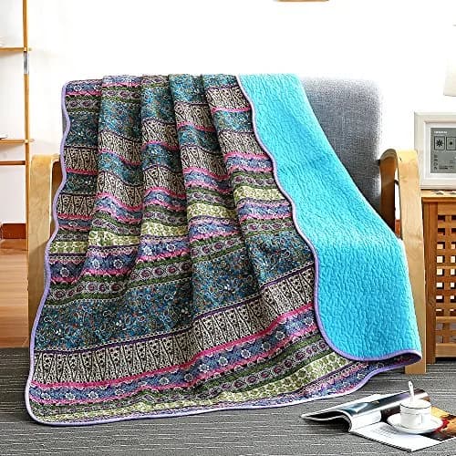 NEWLAKE Reversible Floral Patchwork Quilt Throw Blanket 60x78 Inch | Cotton, Blue Jacquard — Ocean Blue