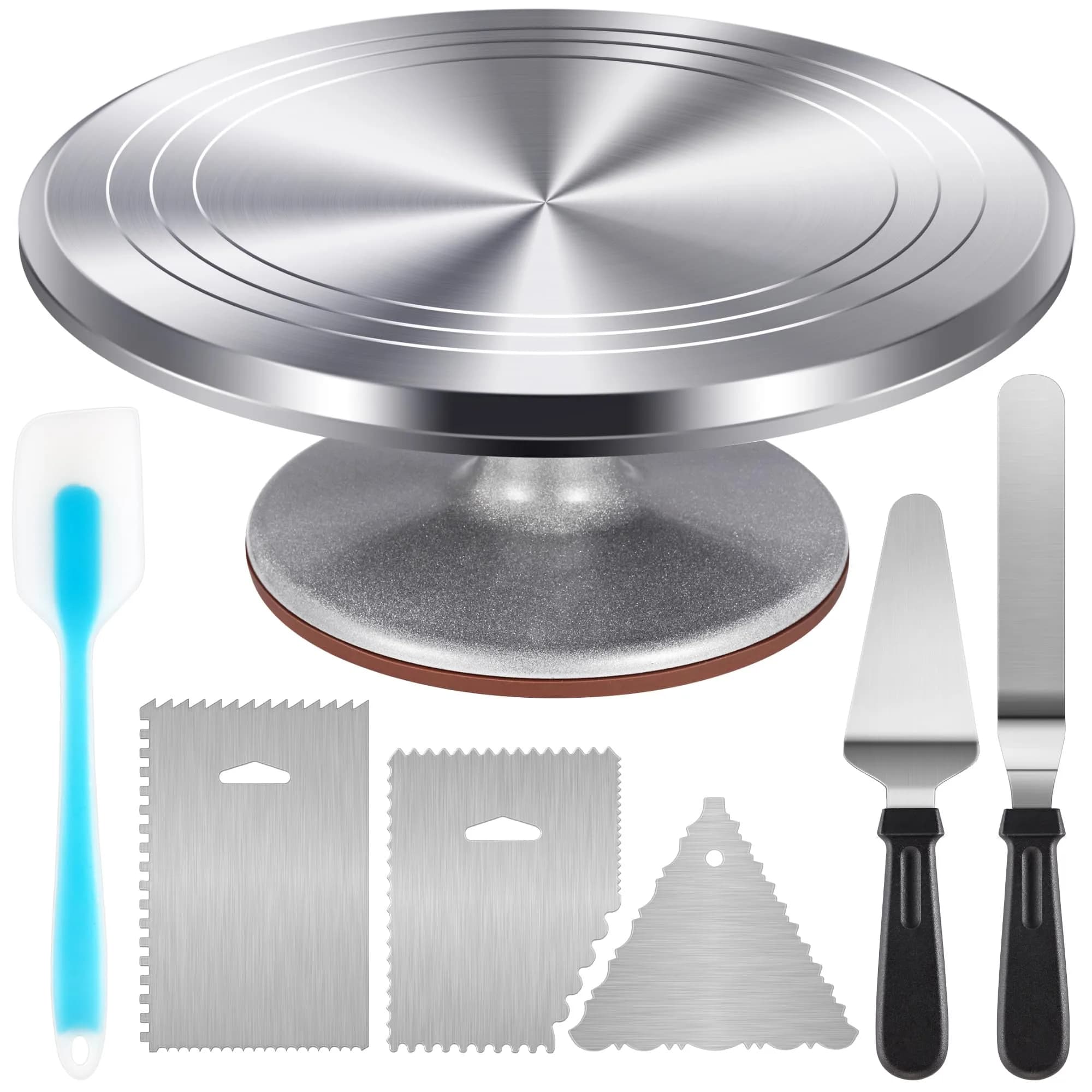 Kootek 12 Inch Aluminum Cake Turntable Set with 4-Piece Decorating Kit | Heavy Duty Rotating Cake Stand for Decorating — Silver