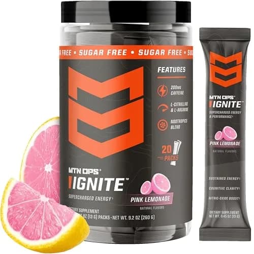MTN OPS Ignite Energy Powder, Pink Lemonade | Zero Sugar, 20 Servings, Supports Focus & Endurance thumbnail 1
