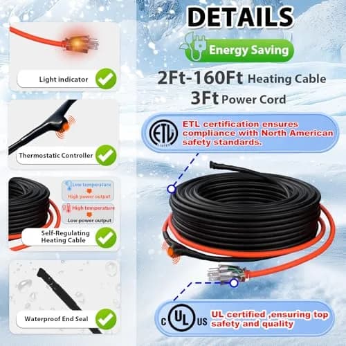 HEATIT 9ft Self-Regulating Heating Cable for Pipe Freeze Protection 3W/FT | Energy-Efficient & Safe thumbnail 8