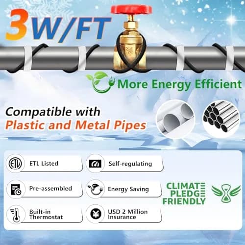 HEATIT 9ft Self-Regulating Heating Cable for Pipe Freeze Protection 3W/FT | Energy-Efficient & Safe thumbnail 3