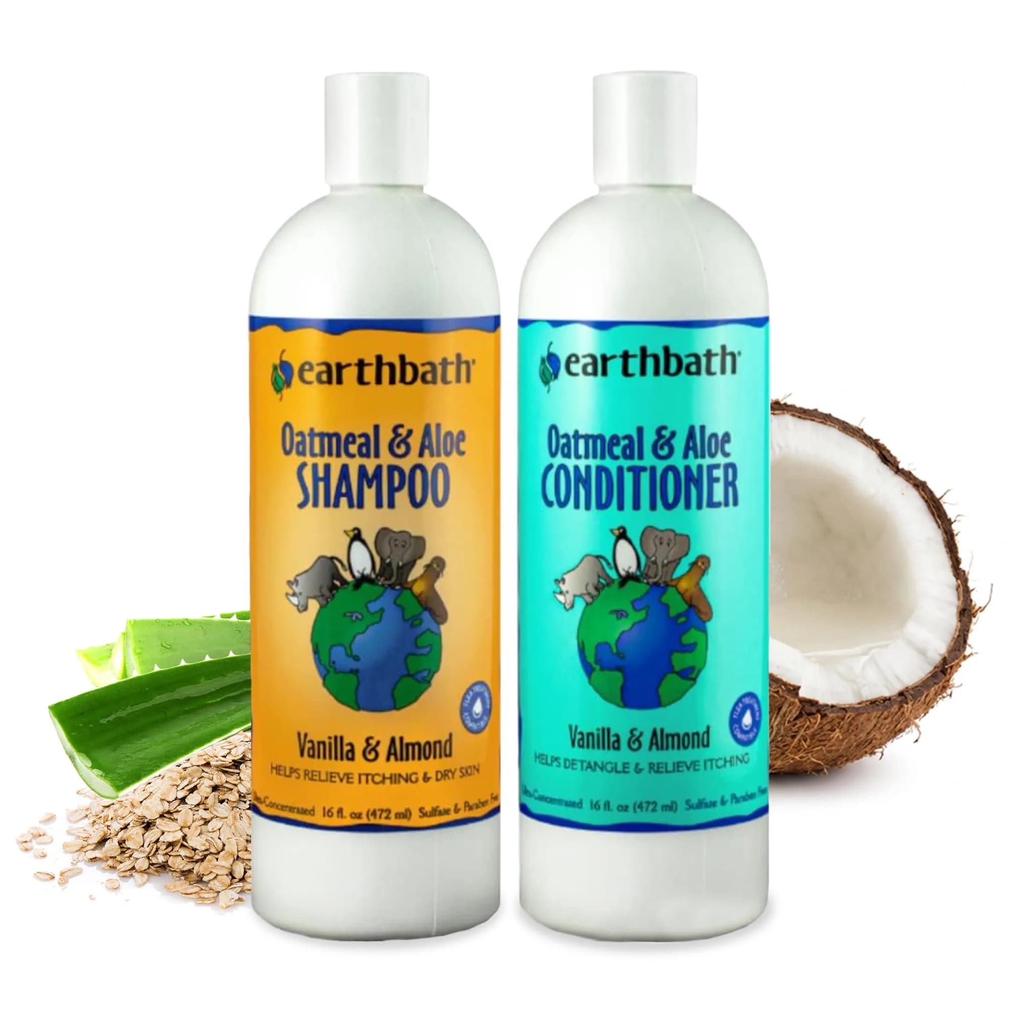 earthbath Oatmeal & Aloe Dog Shampoo and Conditioner 16 Oz | Itchy, Dry Skin Relief, Made in USA — Vanilla & Almond
