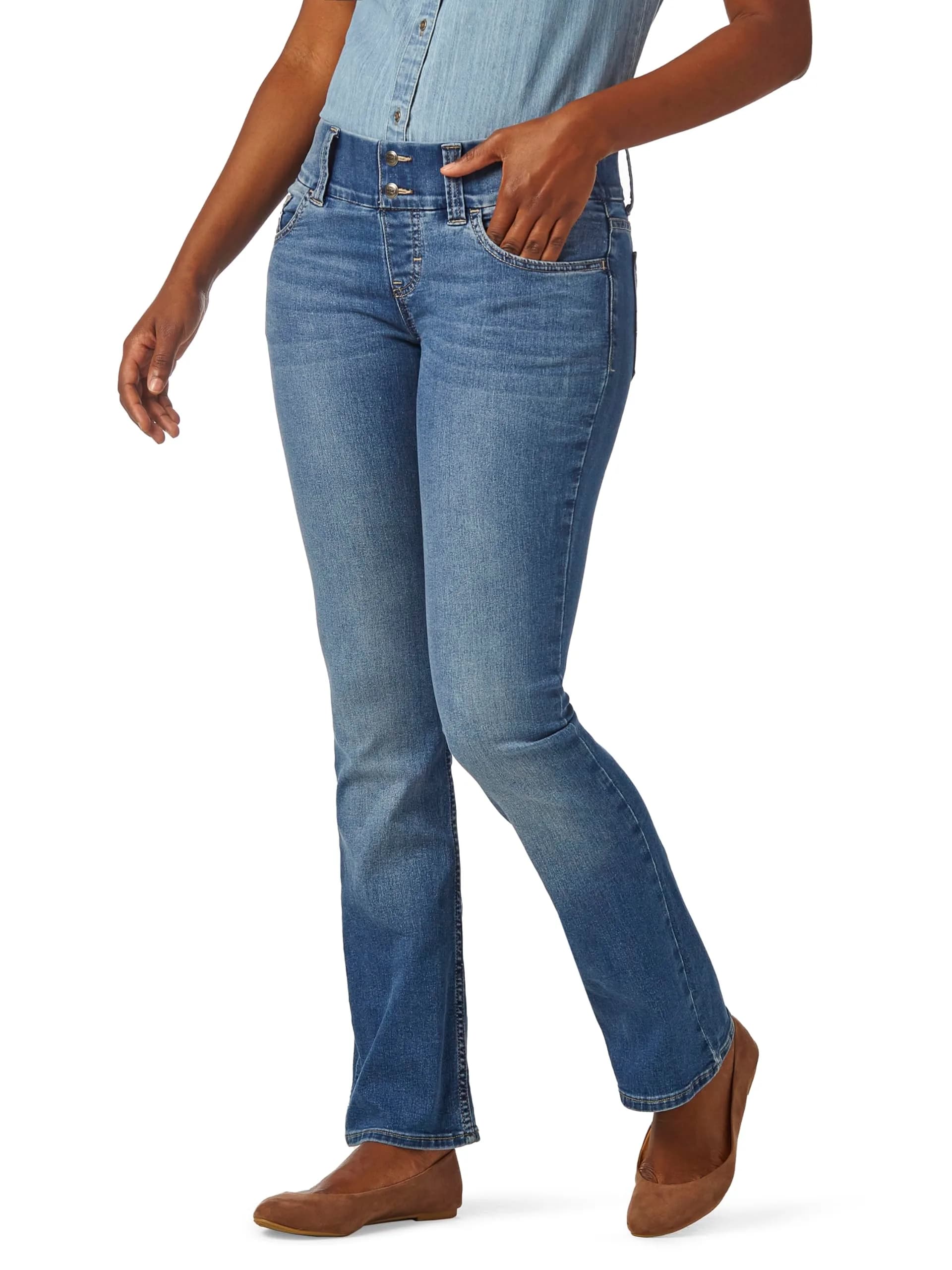 Riders by Lee Indigo Womens Pull on Waist Smoother Bootcut Jeans, Mid Shade, 16 Petite US | Elastic Waist, Classic Fit, Cotton Blend