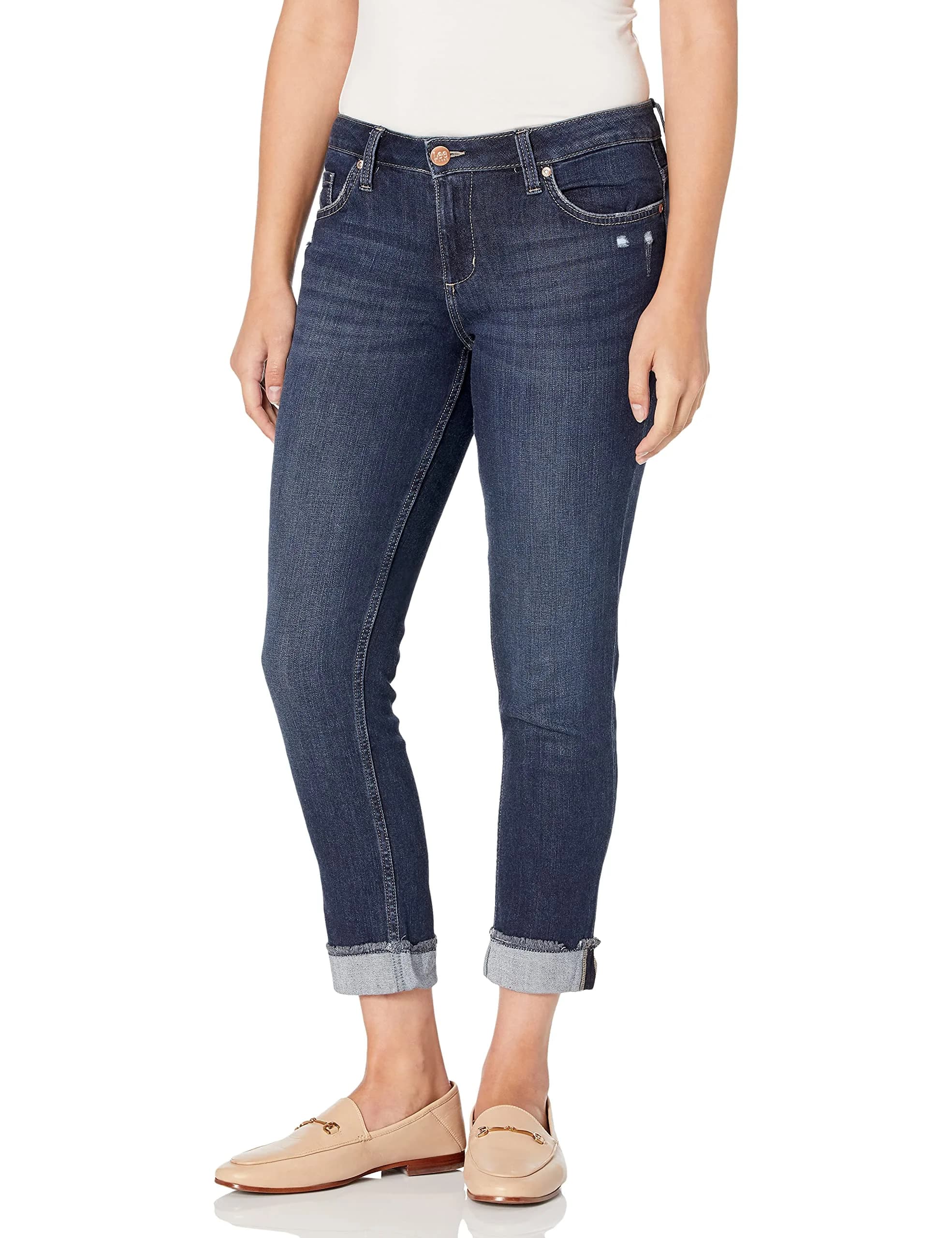 Riders Boyfriend Jean 8 | Slim Fit, Mid Rise, Dark Wash, Fringe Cuff, Cotton & Spandex